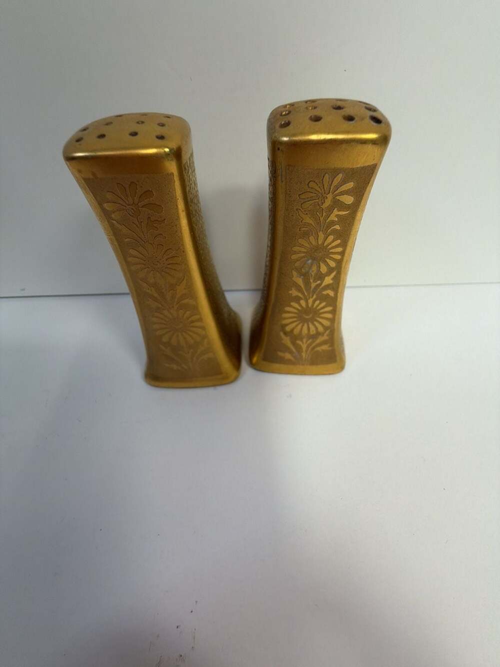 Vintage Gold Tone Floral Ceramic Salt and Pepper Shakers